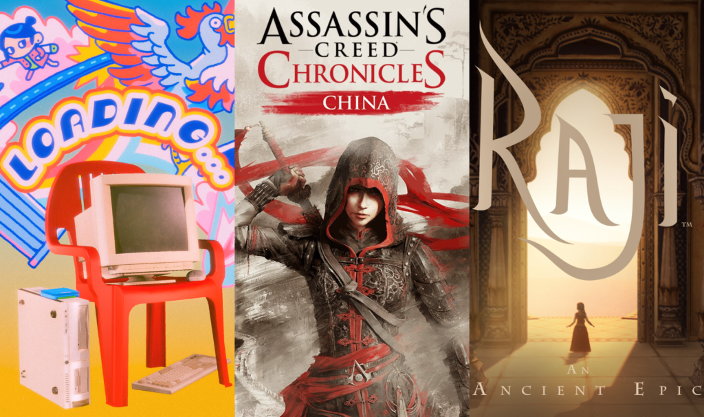 A picture divided in 3, showing the key art of the games Loading, Assassin's Creed Chronicles China and Raji, An Ancient Epic.